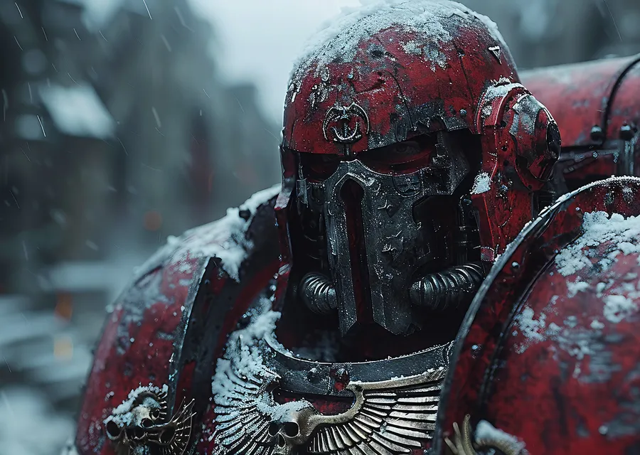 Red power armour caked with wet snow, the faceplate and shoulder trim picked out in dark steel