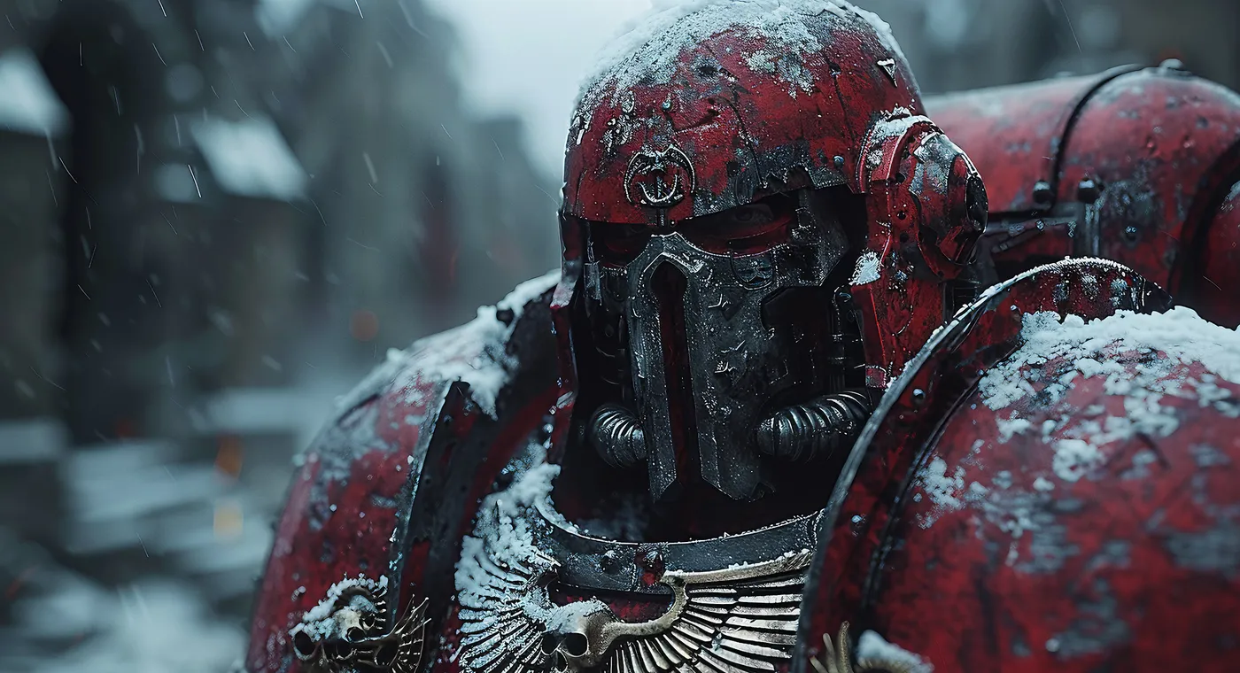 Red power armour caked with wet snow, the faceplate and shoulder trim picked out in dark steel