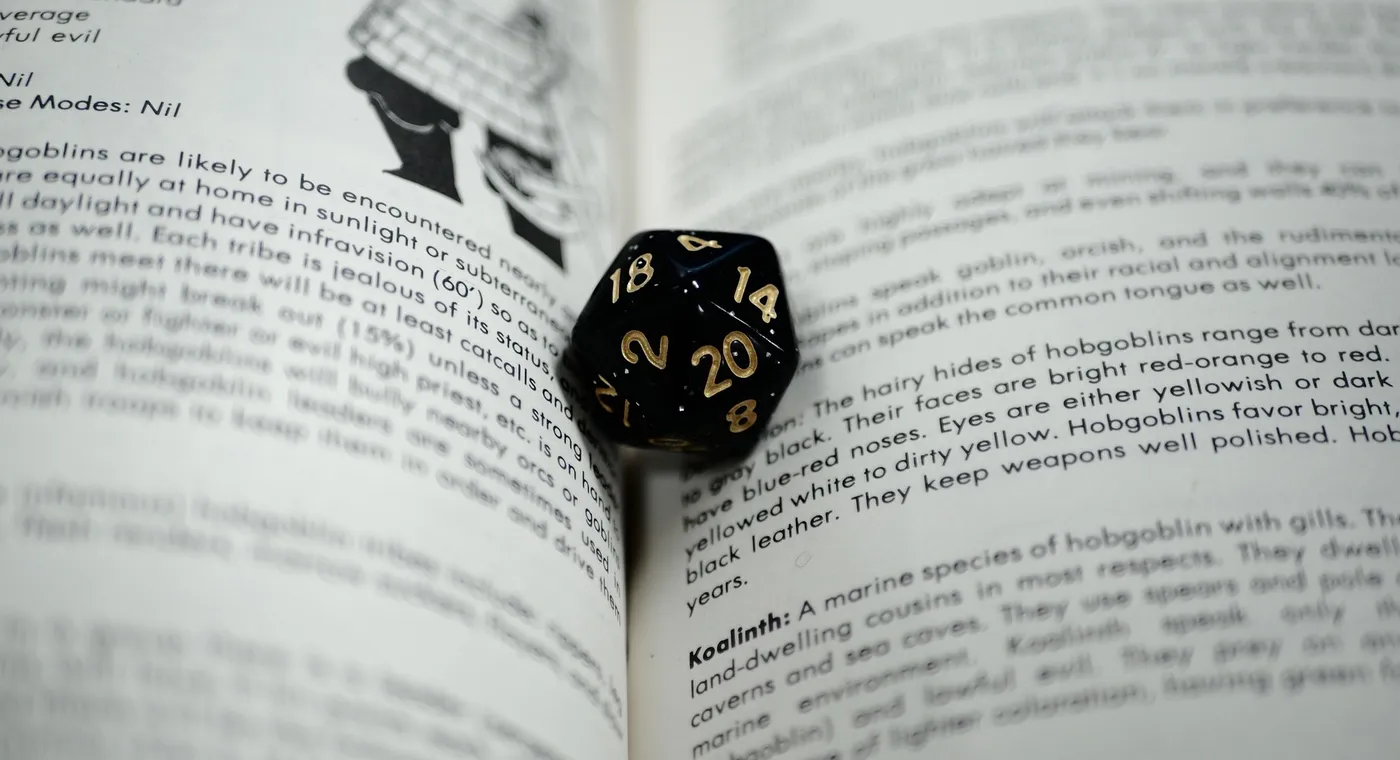 A black twenty-sided die resting in the gutter of an open rulebook, the page describing hobgoblins