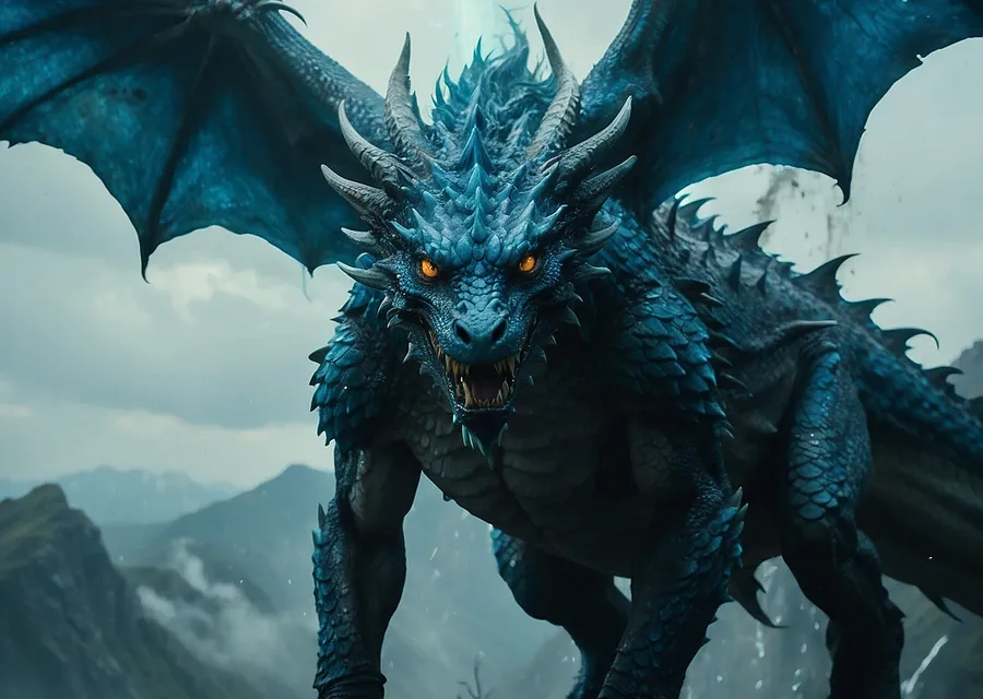 A blue scaled dragon with wings spread, standing on a wet mountain ridge in mist