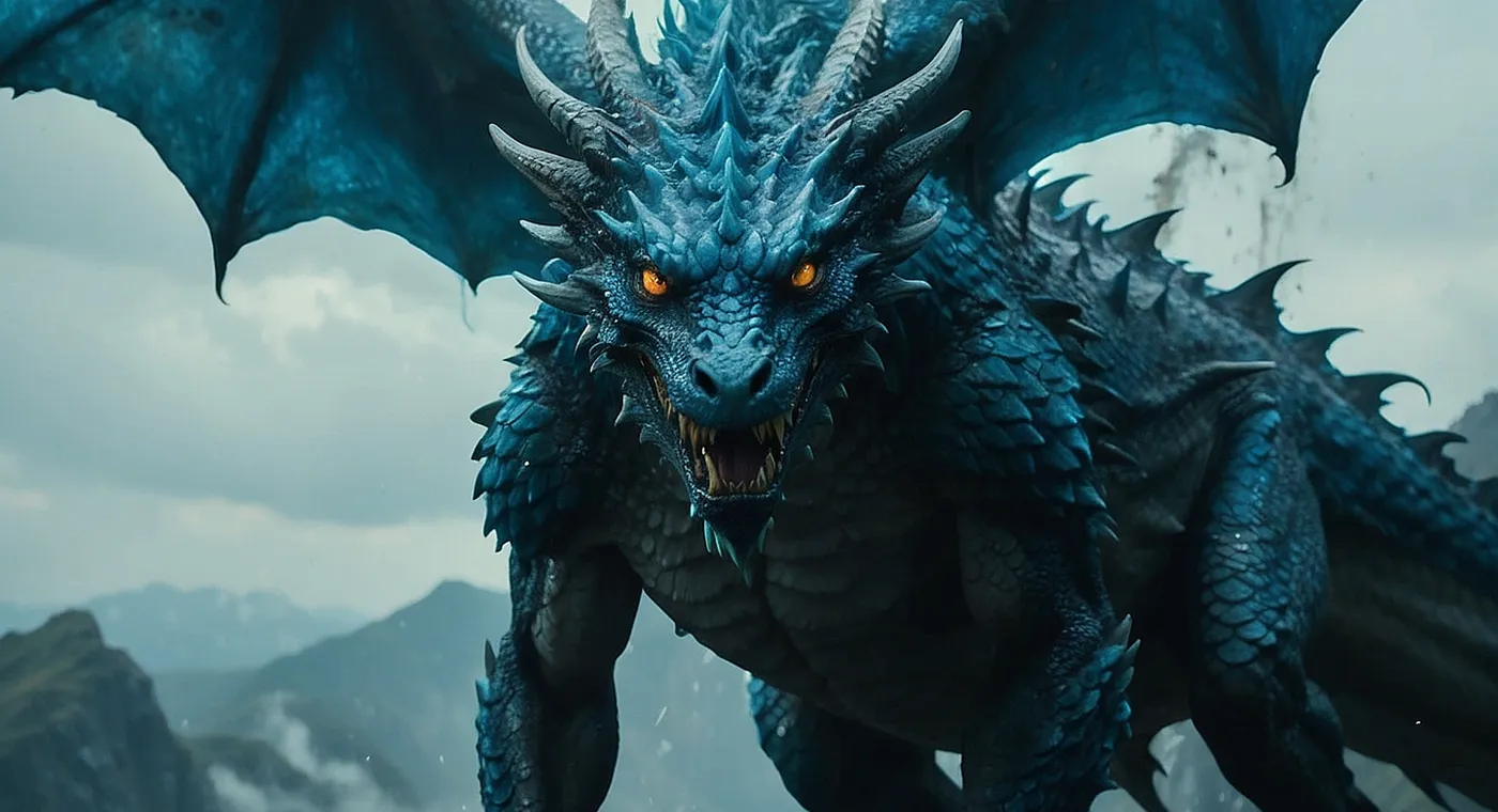 A blue scaled dragon with wings spread, standing on a wet mountain ridge in mist