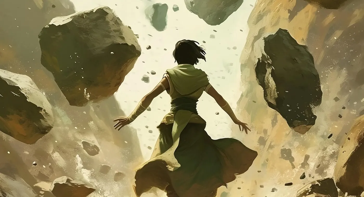 Painted illustration of a figure in green robes running beneath boulders hanging in mid-air