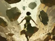 Painted illustration of a figure in green robes running beneath boulders hanging in mid-air