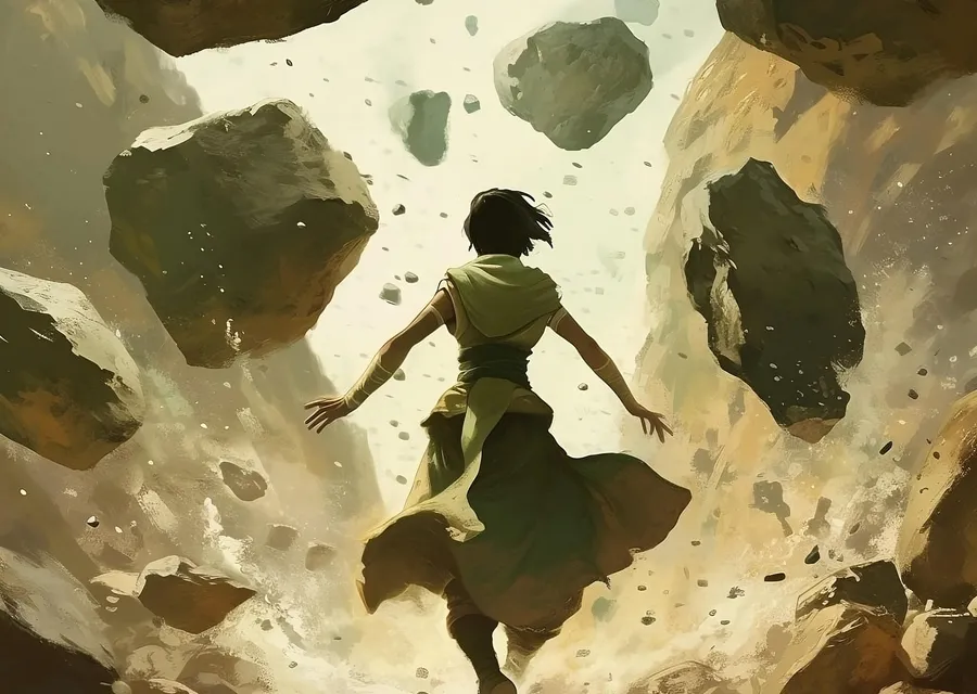 Painted illustration of a figure in green robes running beneath boulders hanging in mid-air
