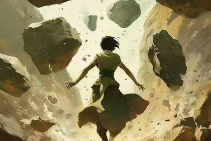 Painted illustration of a figure in green robes running beneath boulders hanging in mid-air