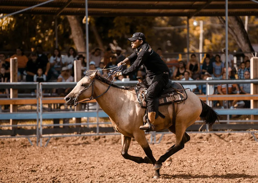 A young rider in a black hat turning a chestnut quarter horse hard in a sandy arena, cattle and spectators behind